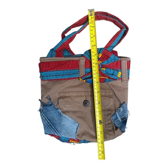 Khaki Tan Cotton Blue Denim Patches Button Pockets Mini Tote Bag Purse - Picture 4 of 5